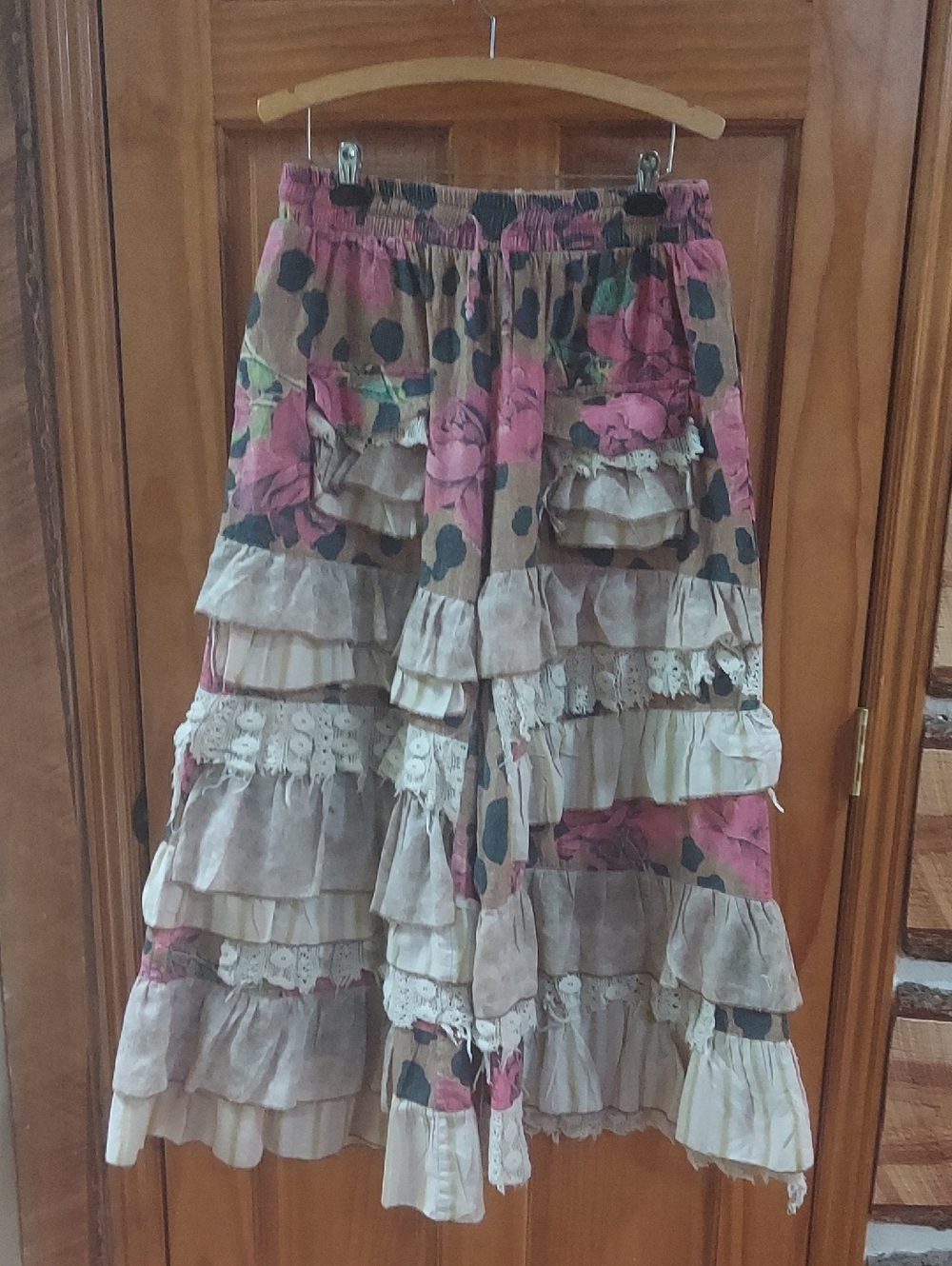 Bohemian Ruffled Floral Patchwork Wideleg Pants- Pink & Beige
